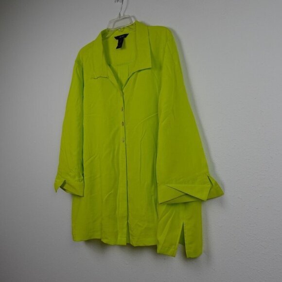 Ali Miles Tunic Top Women's Plus Size 3X Yellow Green Bright Button Front - Picture 3 of 9